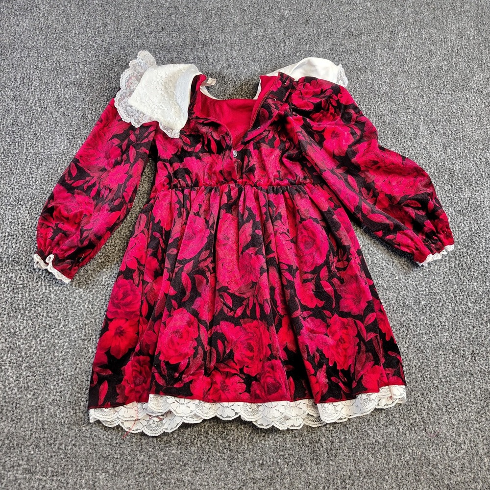Vintage Girls Red Floral Lace Dress Long Sleeve  Velvet size 6 - Picture 4 of 5
